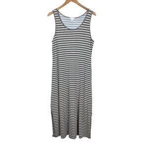 Garnet Hill Midi Dress Womens Large Taupe White Stripe Slits‎ Sleeveless Tank L